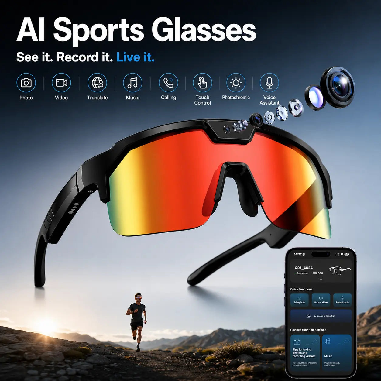 Horizon Smart Glasses – 1200P POV Camera, AI Translator & Audio