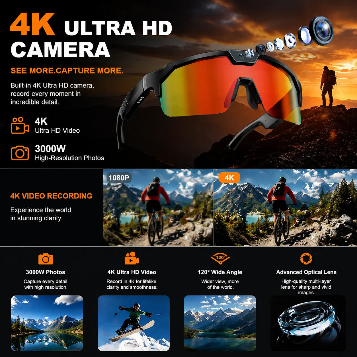 Horizon Smart Glasses – 1200P POV Camera, AI Translator & Audio