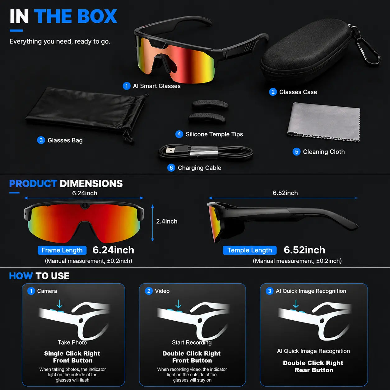 Horizon Smart Glasses – 1200P POV Camera, AI Translator & Audio