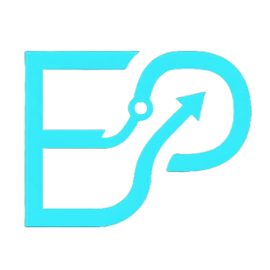 A bright cyan stylized monogram or logo on a plain white background, resembling an interlocking letterform with a curved arrow detail.